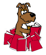 book busters logo (dog reading a book surrounded by lots of other books)