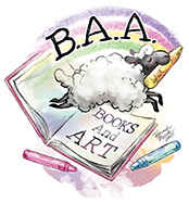 sheep jumping over a book with crayons and a rainbow in the background