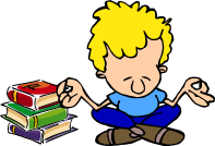 boy in lotus position next to a pile of books